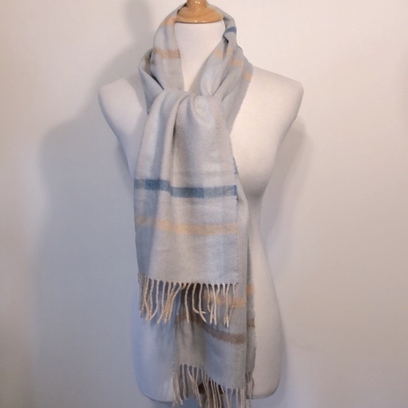 BOHO-Pastel Gray,Blue & Cream Plaid Cashmere Blend Fringed Scarf - Picture 2 of 7